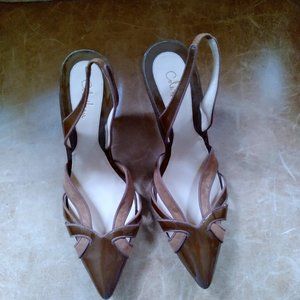 Cole Haan Brown Patent Leather & Suede Slingback Heels